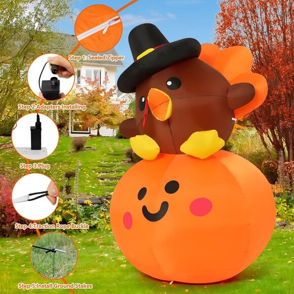 5FT Inflatables Turkey Baby on Pumpkin Built-in LEDs Blow Up Yard Decoration - Picture 3 of 8